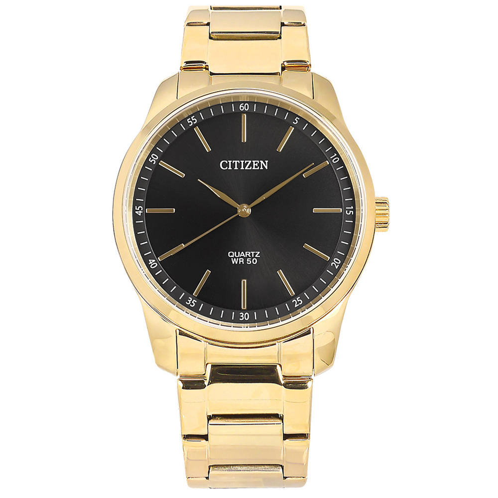 CITIZEN / 簡約時尚 礦石強化玻璃 日本機芯 不鏽鋼手錶 黑x鍍金 / BH5002-53E / 42mm