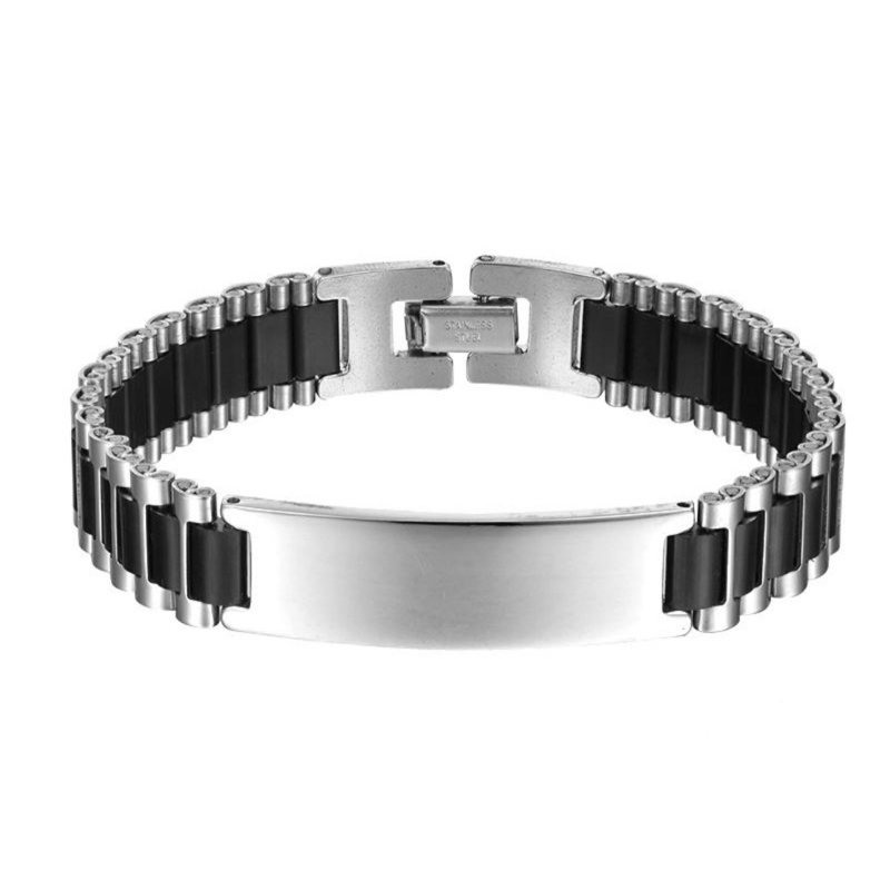 手環男生 銀鑲黑 平片H釦錶帶 鋼手鏈 鈦鋼 抗過敏 經典款 百搭手環 手鍊 艾豆『C3105』