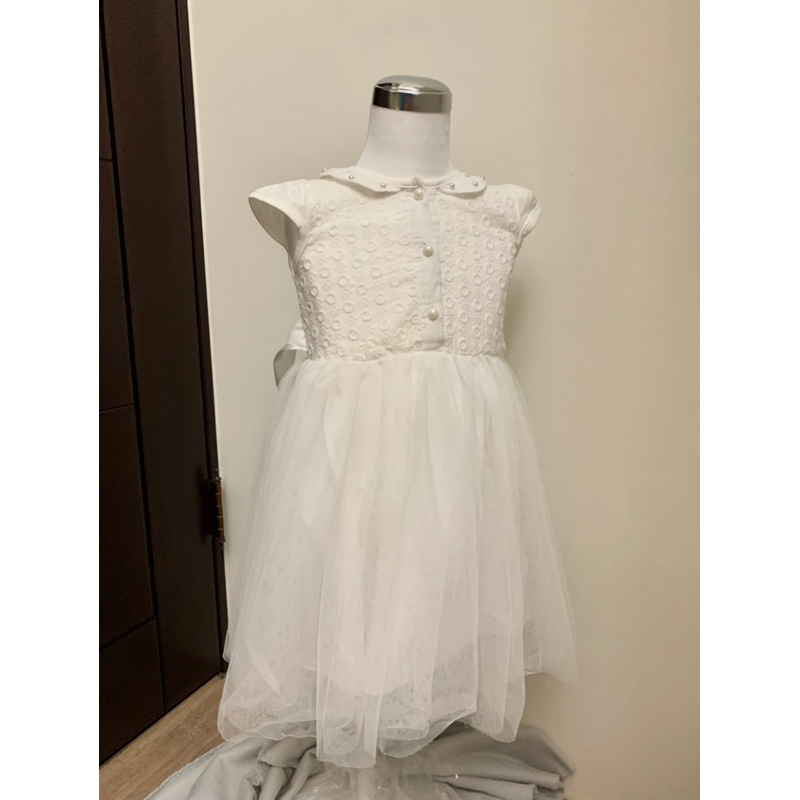 Bebaby Girls女童禮服白色短袖網狀有彈性布料連身裙洋裝+蝴蝶綁結 7號衣長57公分