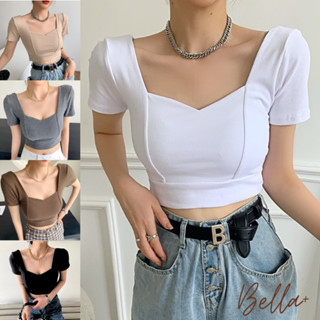 Bella+臺灣現貨秒出🆕五色自帶胸墊法式露鎖骨方領夏季高腰短款短版女上衣純棉純色短袖T修身顯瘦減齡設計感