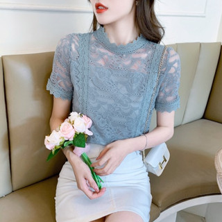 愛依依 短袖襯衣 上衣 襯衫 S-2XL新款氣質縷空蕾絲小衫女高檔洋氣雪紡上衣T624-8324.