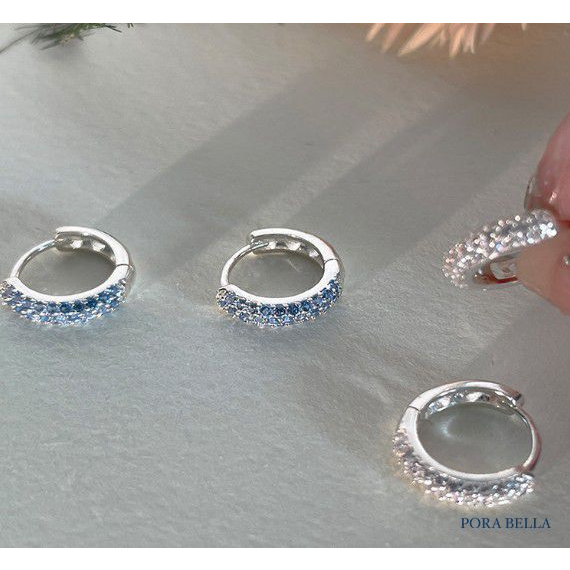 <Porabella>925純銀鋯石圓圈耳環 心型鏤空設計 小眾ins風輕奢氣質 藍白兩色穿洞式耳環 Earrings