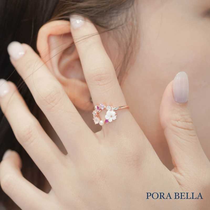 925純銀韓版花朵戒指 森林系細緻櫻花寶石開口可調節式戒指 玫瑰金 RINGS