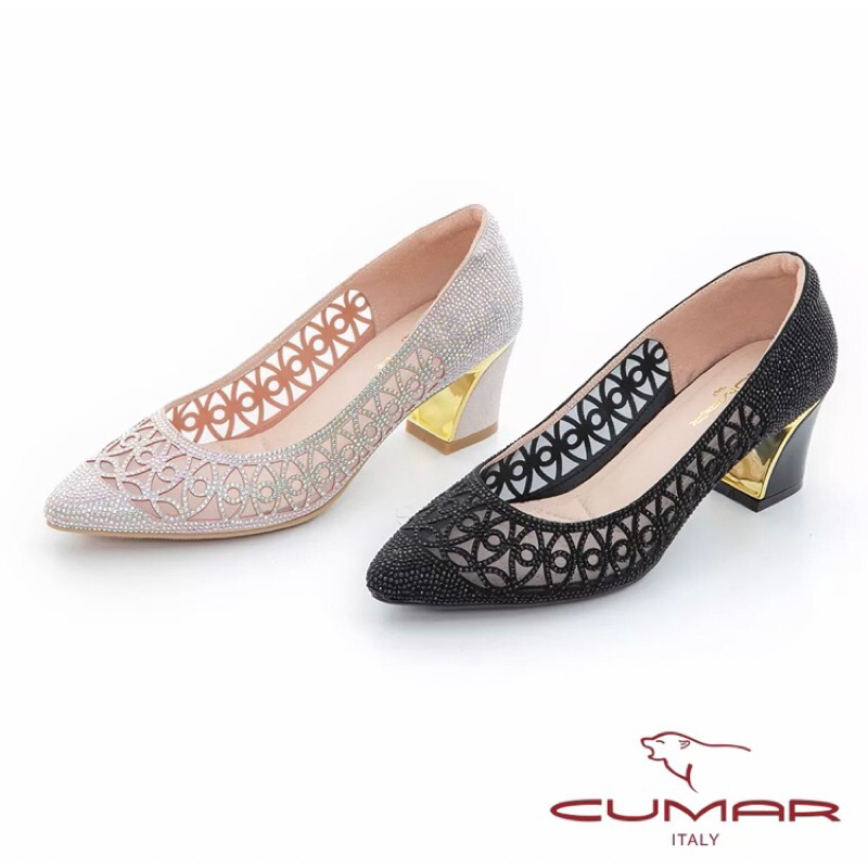 超美全新CUMAR水鑽鏤空金屬粗跟鞋婚鞋(粉紅）