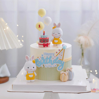 🌸五日工坊🌸 兔寶寶 周歲蛋糕 森林系 迷你擺件 田園風 兔子公仔 生日禮物 辦公桌 胡蘿蔔 蛋糕裝飾  黃色氣球 白兔