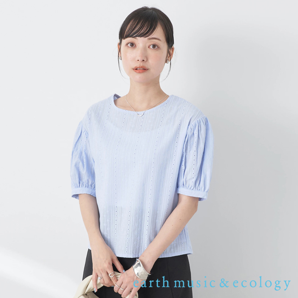 earth music&amp;ecology 刺繡圖案純棉圓領泡泡袖上衣(1L32L0A0500)