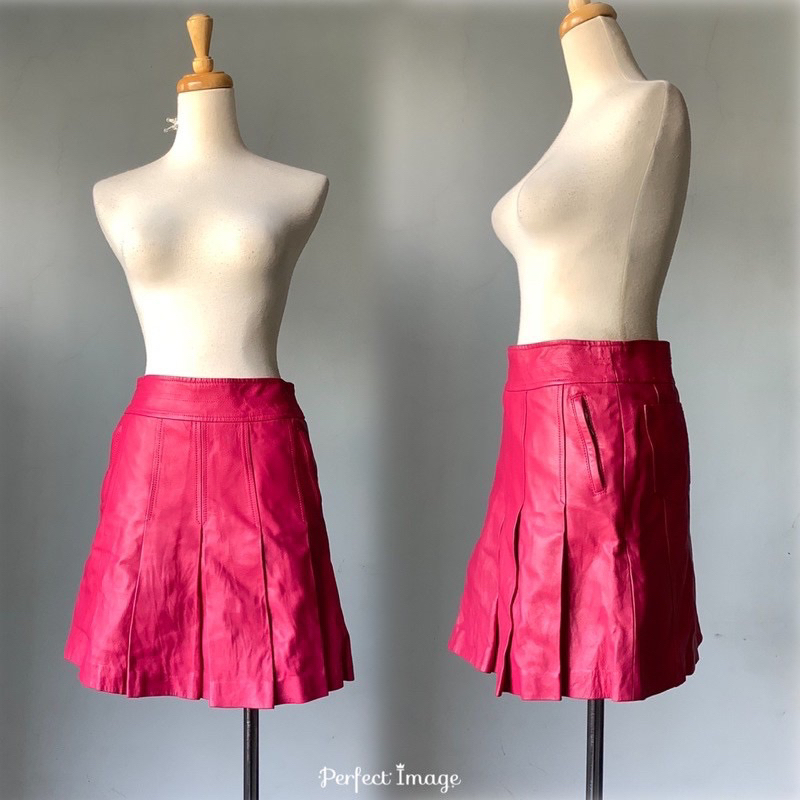 FASHION SHOW 流行秀粉紅色高腰100%小羊皮名媛 奢華皮裙短裙 真皮