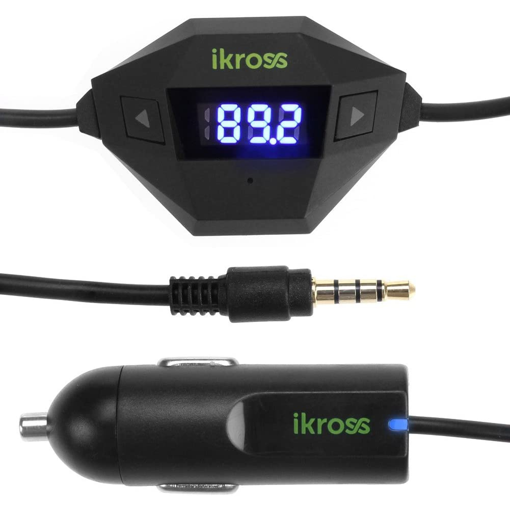 ikross 無線 FM 發射器收音機車載套件，適用於智能手機套裝，帶 3.5 毫米音頻插頭和車載充電器（黑色）