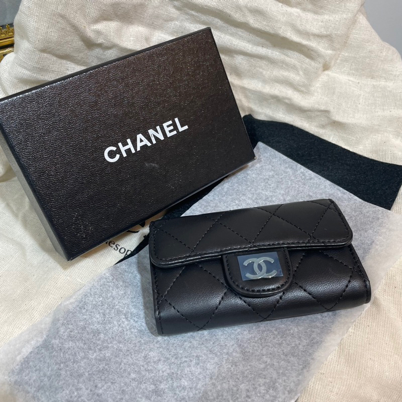 Chanel 香奈兒 羊皮鑰匙包/卡夾 銀釦，黑色菱格紋 /可面交