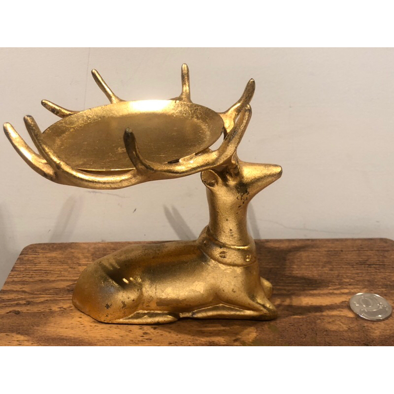 少見早期歐美 黃銅麋鹿雕像蠟燭台裝飾 托盤