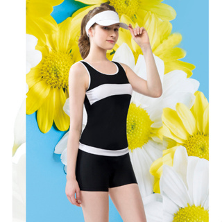 梅林泳裝 大女黑色白線條運動型二件式泳衣 贈泳帽 NO-M1465
