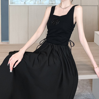 衣時尚 洋裝 連身裙 收腰洋裝S-XL復古夏季山茶花高定側抽繩打底裙顯瘦連身裙T605-6890.