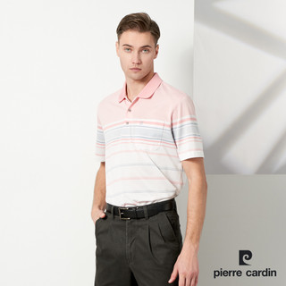 【pierre cardin 皮爾卡登】男款 TOP定位橫條短袖POLO衫-淺粉桔 (5237292-65)