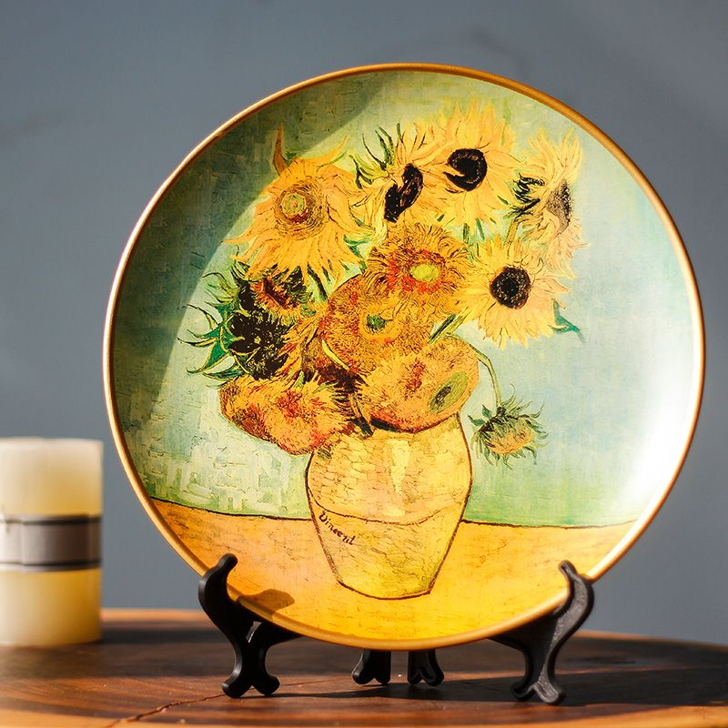 創意擺件 陶瓷 盤子 油畫裝飾盤子陶瓷擺件掛盤客廳電視櫃向日葵歐式復古創意擺盤