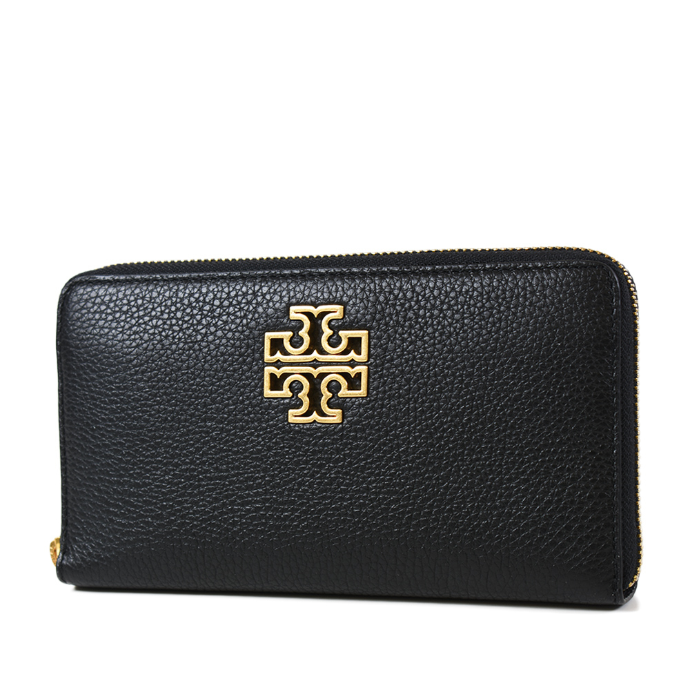 TORY BURCH BRITTEN 縷空LOGO荔枝紋拉鍊長夾-黑色/附證件夾【美國正品 現貨】