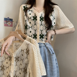 雅麗安娜 上衣 T恤 短袖上衣 甜美新版韓風鏤空鉤花設計感針織短袖小開衫上衣1F022-916.