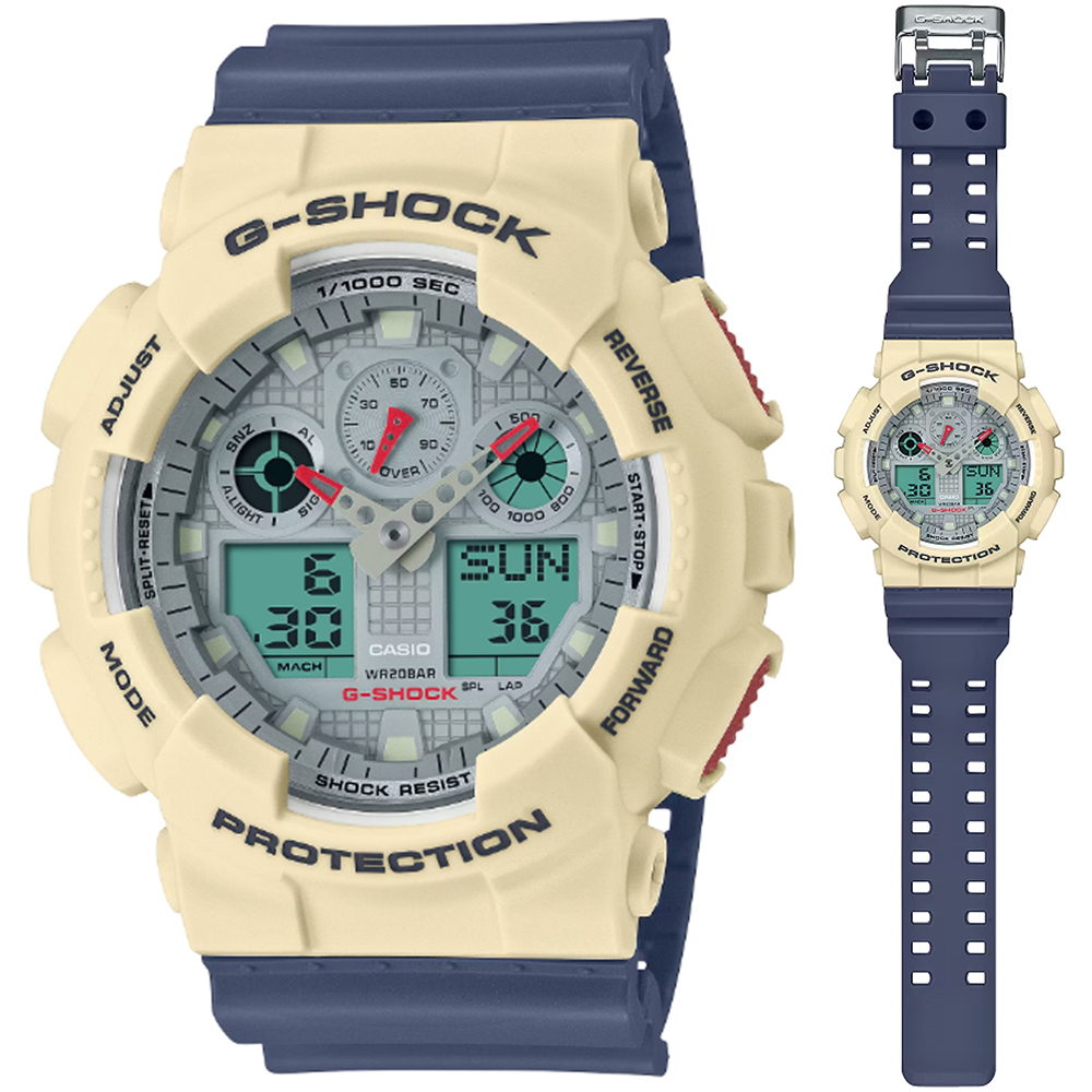 CASIO 卡西歐 G-SHOCK 復古時尚 大圓錶殼雙顯錶-米灰色(GA-100PC-7A2 防水200米)