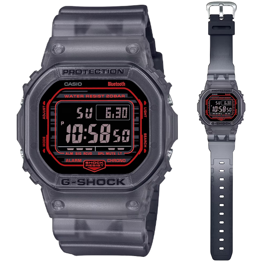 CASIO 卡西歐 G-SHOCK 智慧藍芽 半透明漸層配色方形電子錶-黑(DW-B5600G-1 防水200米)