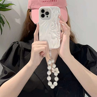 珍珠白褶皺簡約時尚手鏈適用於iphone11 12 13 14 Promax防摔蘋果手機保護殼