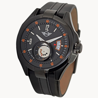 MINI SWISS WATCHES 石英錶 45mm 黑底橘數字錶面 黑色皮錶帶-黑色