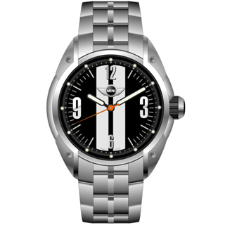 MINI SWISS WATCHES 石英錶 45mm 黑底白條錶面 不銹鋼錶帶-銀色