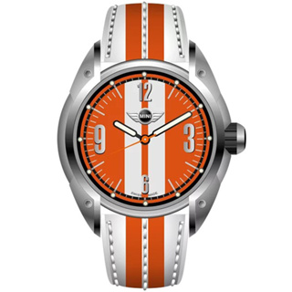 MINI SWISS WATCHES 石英錶 45mm 橘底白條錶面 白橘條真皮錶帶-橘白