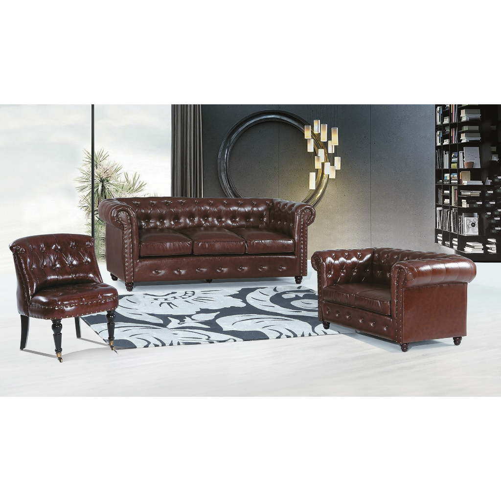 【新荷傢俱工場】E 1103  (復古咖啡)美式復古咖啡皮拉釦三人沙發 / 復古兩人沙發 /單人小沙發