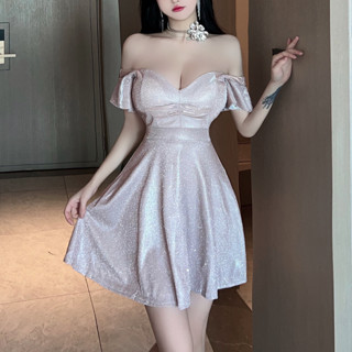 【#現貨臺灣 , 隔日到】S-L 紫 粉 香檳 V領 短款 兩穿式 性感閃亮低胸禮服 飛飛袖大擺禮服 春酒尾牙 婚禮洋裝