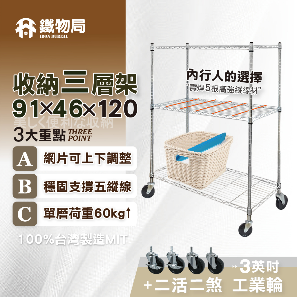 【鐵物局】"免運費"MIT經典91X46X120cm三層架+3英吋工業輪(電鍍銀/烤漆黑-鐵力士架/收納架/層架/波浪)