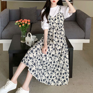 佰分佰/100kg內可穿/大尺碼/大碼女裝/夏裝/溫柔風/假兩件/背帶連衣裙/寬松/雪紡/碎花/長裙/連身裙/女生洋裝