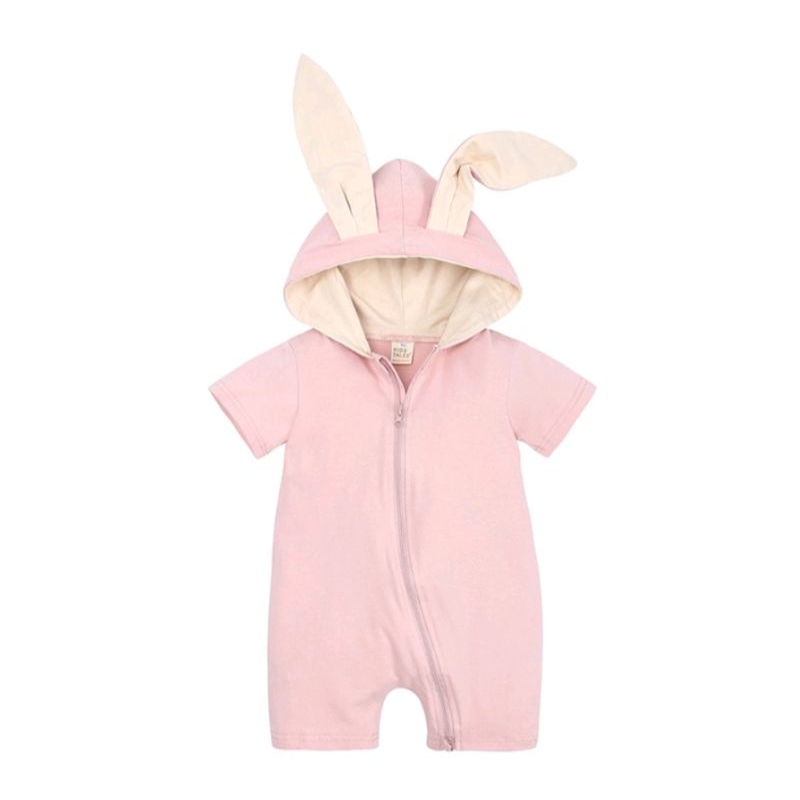 夏季新生女嬰必備男童衣服嬰兒連身衣可愛兔耳朵連帽棉質連身衣短袖拉鍊緊身衣褲 0-3 個月