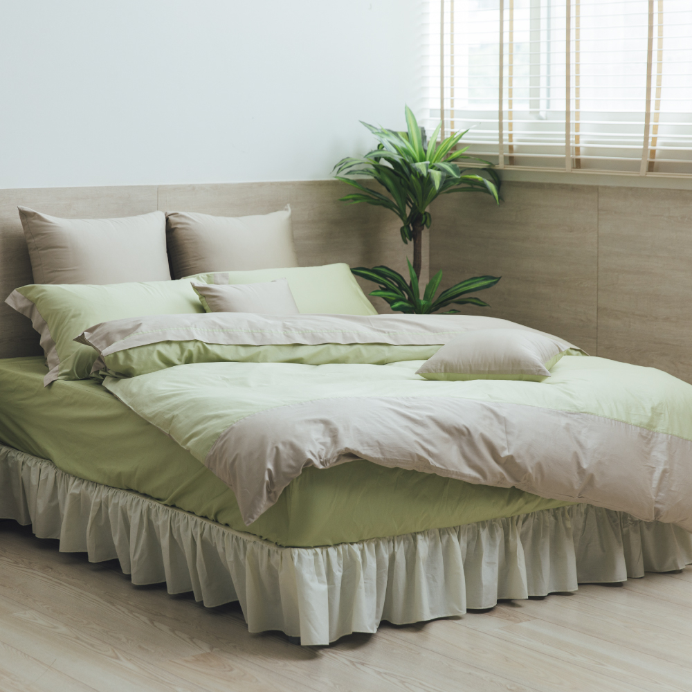 麗塔寢飾 60支紗 床包 枕套床包組 薄被套床包組《朵朵奶昔-玄米綠+杏色》100%精梳棉 多尺寸任選