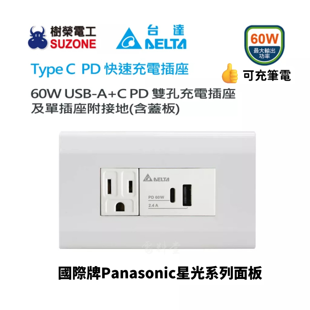 60W 最快 可充筆電【台達電Delta】國際牌面板 USB A+C PD 充電插座 Type C 插座 快充插座