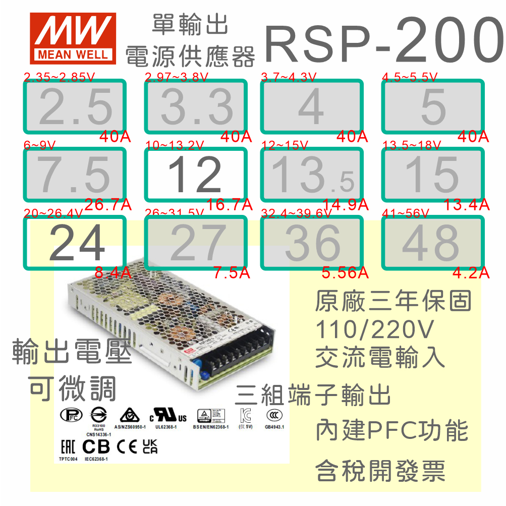 【保固附發票】MW明緯PFC 200W 長壽命電源 RSP-200-12 12V 24 24V 變壓器 交流轉直流