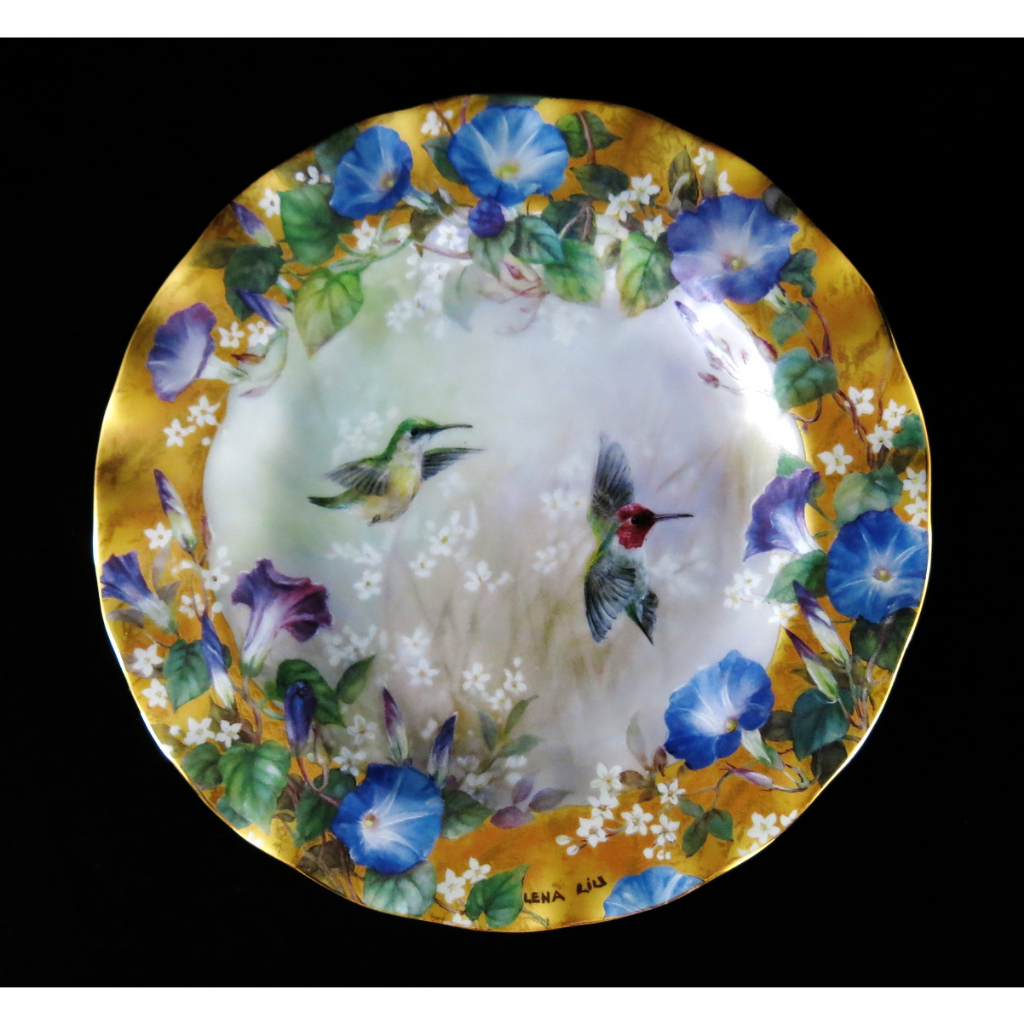 美國W S George 藝術家 Lena Liu 劉莉娜Glouious Morning限量花卉蜂鳥重金瓷盤-C