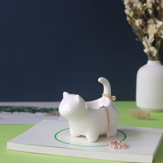 ins手工陶瓷家居擺件桌面裝飾品可愛動物小貓情侶戒指座結婚禮物
