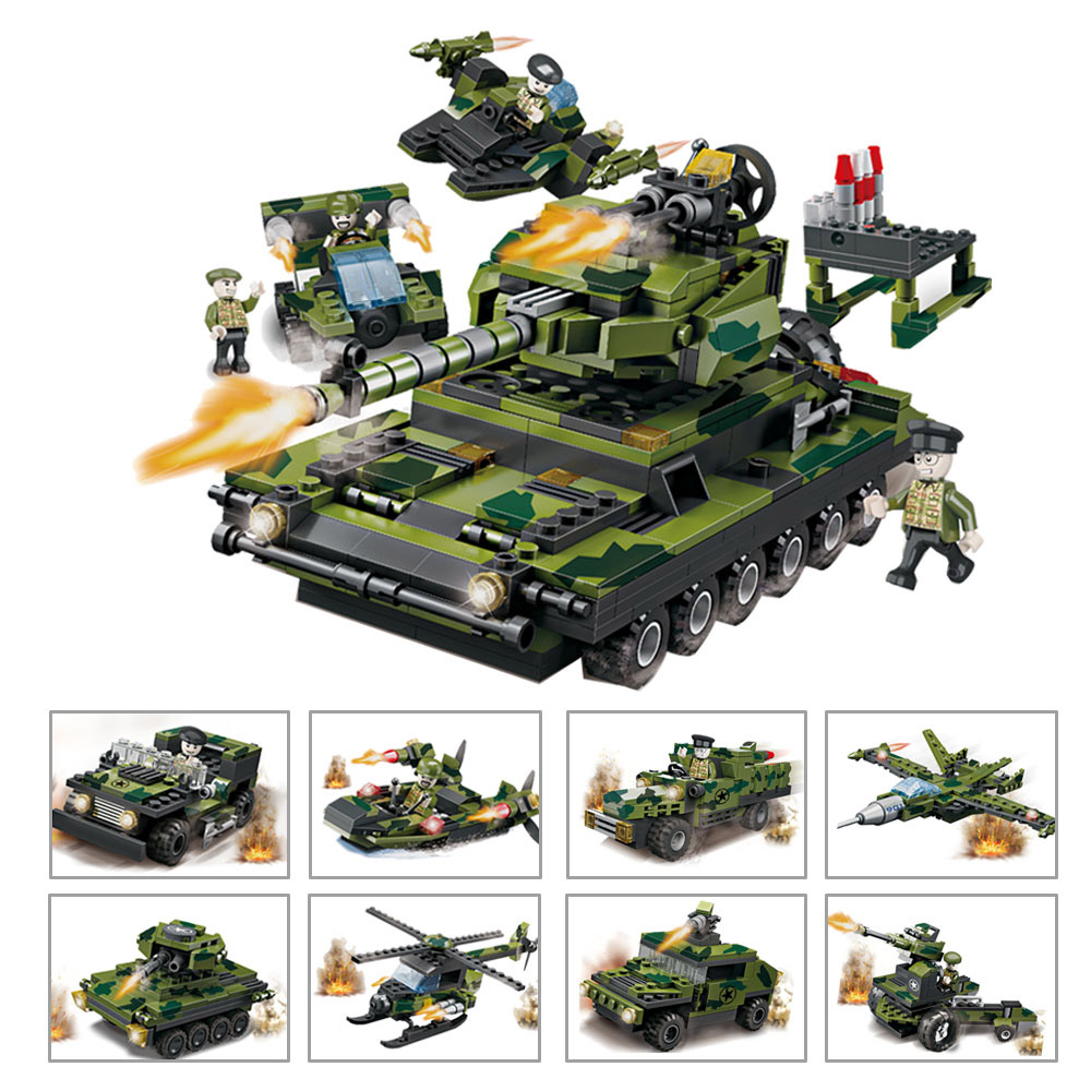 現貨 兒童積木玩具 8合1軍事車 迷彩戰車 樂高得寶相容 兒童禮物