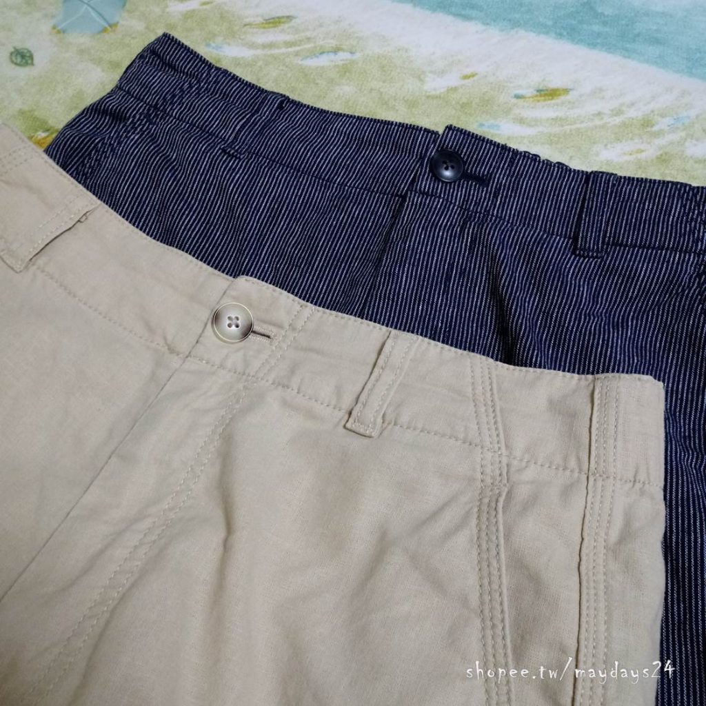 ╭＊ 書肆 ＊╯「二手」uniqlo 棉麻 長褲 亞麻 棉 女 M《優衣庫》直筒 高腰 卡其 黑白 條紋 後鬆緊