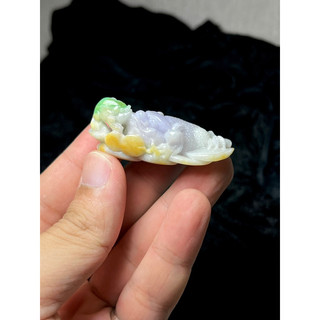 早期收藏老料紫羅蘭黃翡綠翠三彩翡翠玉雕藝術古錢招財步步高昇三腳蟾蜍玉墜玉佩吊墜墜子