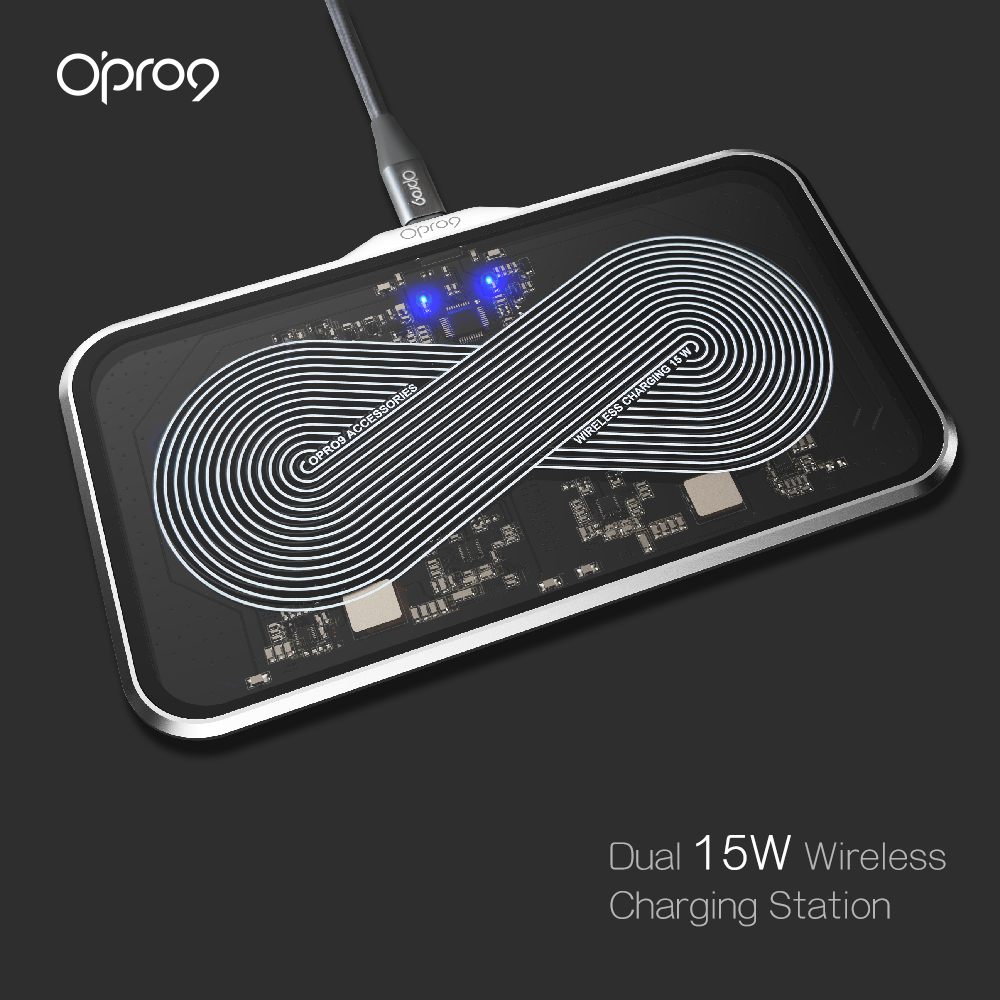 Opro9 雙15W iphone15無線充電站🔋最高輸出30W 手機耳機同時充電 辦公室必備 9H鋼化玻璃表面