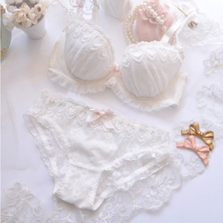 EFP大美人-2023促銷♡優質全碼日系少女公主水溶刺繡柔軟蕾絲有鋼圈薄杯可愛聚攏內衣套裝禮物~A款白粉80B(現貨