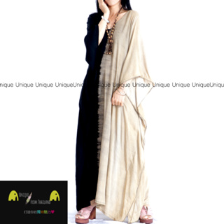 Unic＠泰國進口異國風長洋裝『🔷TD323印度式加寬🔷方形長洋❄️超涼感～米＋黑色綁染』洋裝 波希米亞風 顯瘦 大尺