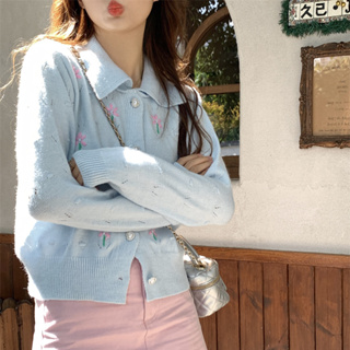 雅麗安娜 針織衫 毛衣 上衣 韓系甜美秋冬撞色立體小花娃娃領針織開衫毛衣T150-7183.