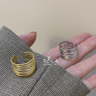 ROLA蘿拉銀飾.飾品 “現貨當天出” 316L醫療鋼鈦鋼 鏤空7線條開口戒指 可碰水 鈦鋼鍍18K金