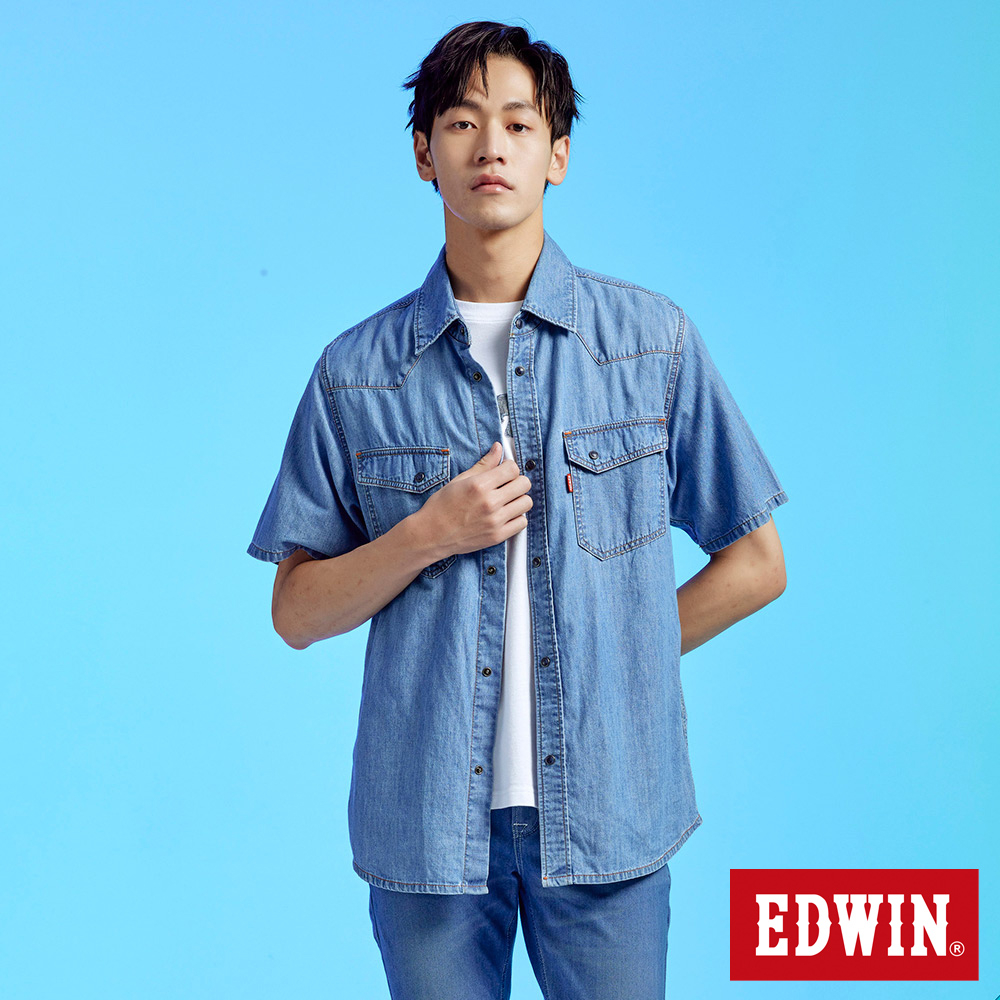 EDWIN 牛仔短袖襯衫(石洗藍)-男款
