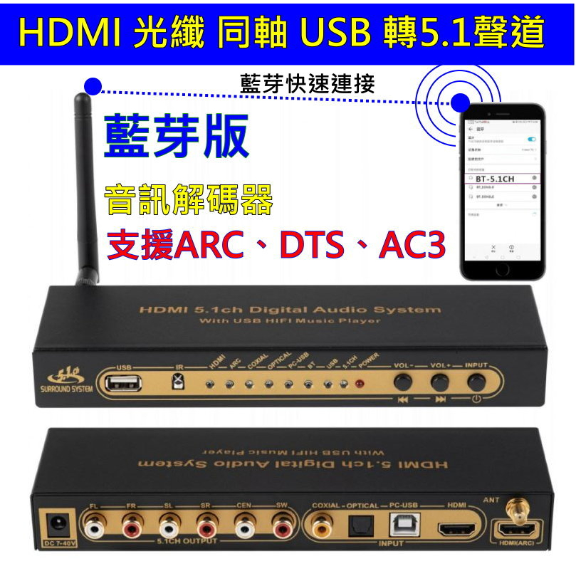 (台灣現貨) 含稅開發票 HDMI 轉 5.1聲道 音視頻分離 多種音效來源切換 光纖 同軸 DTS AC3 解碼器