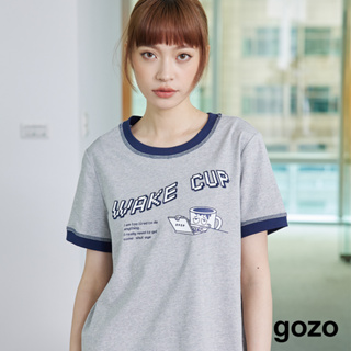 【gozo】咖啡醒醒配色邊印花T恤(灰色/米黃_M/L) | 女裝 圓領 休閒