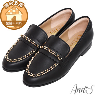 Ann’S經典風格MIT-小香風穿皮鍊頂級綿羊皮平底樂福鞋-黑
