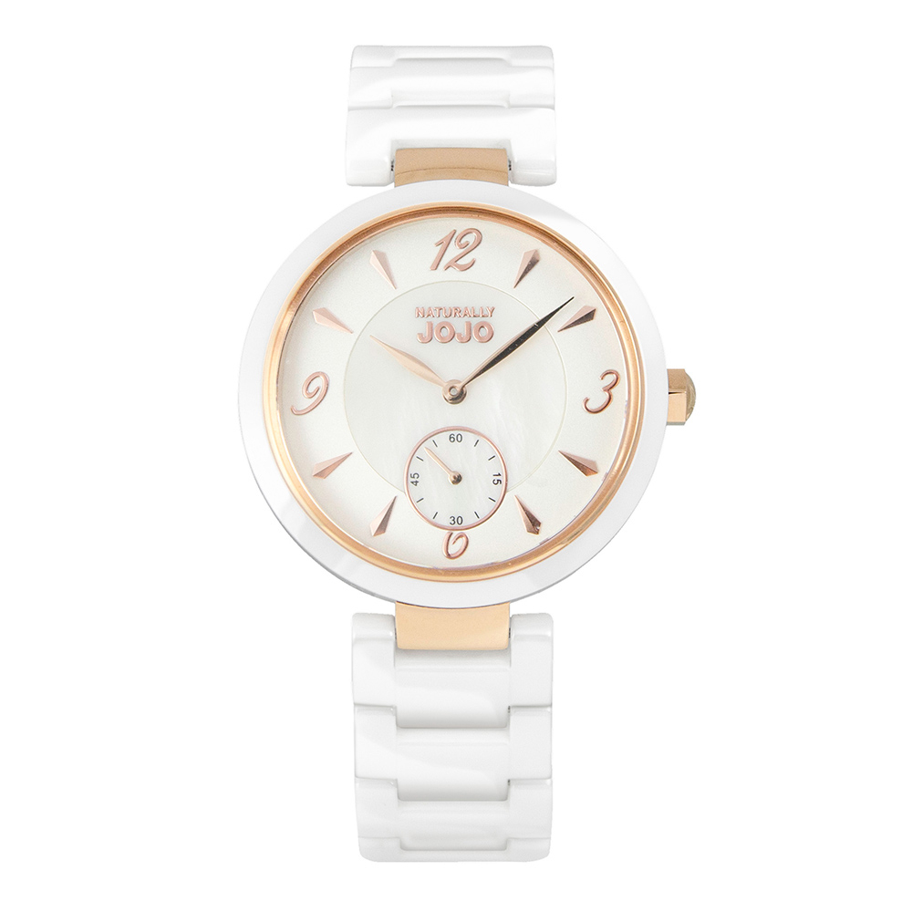 NATURALLY JOJO 精緻小秒針陶瓷時尚腕錶-JO96986-81R(白色珍珠貝/38mm)