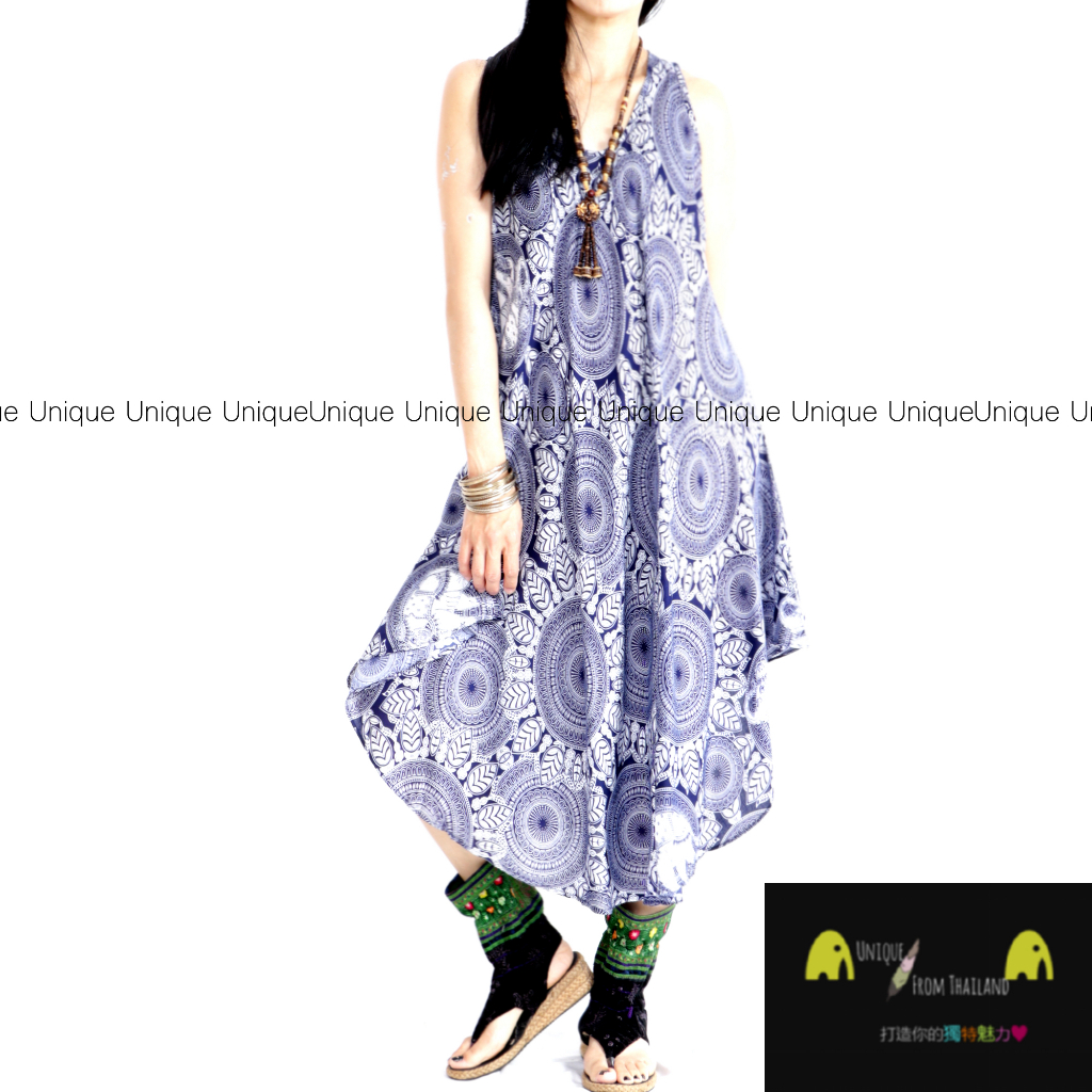 Unic＠泰國進口異國風洋裝『TD211藍🌴Zen涼感超柔棉中長弧形下擺＿背心洋裝』 波希米亞風 超顯瘦 洋裝